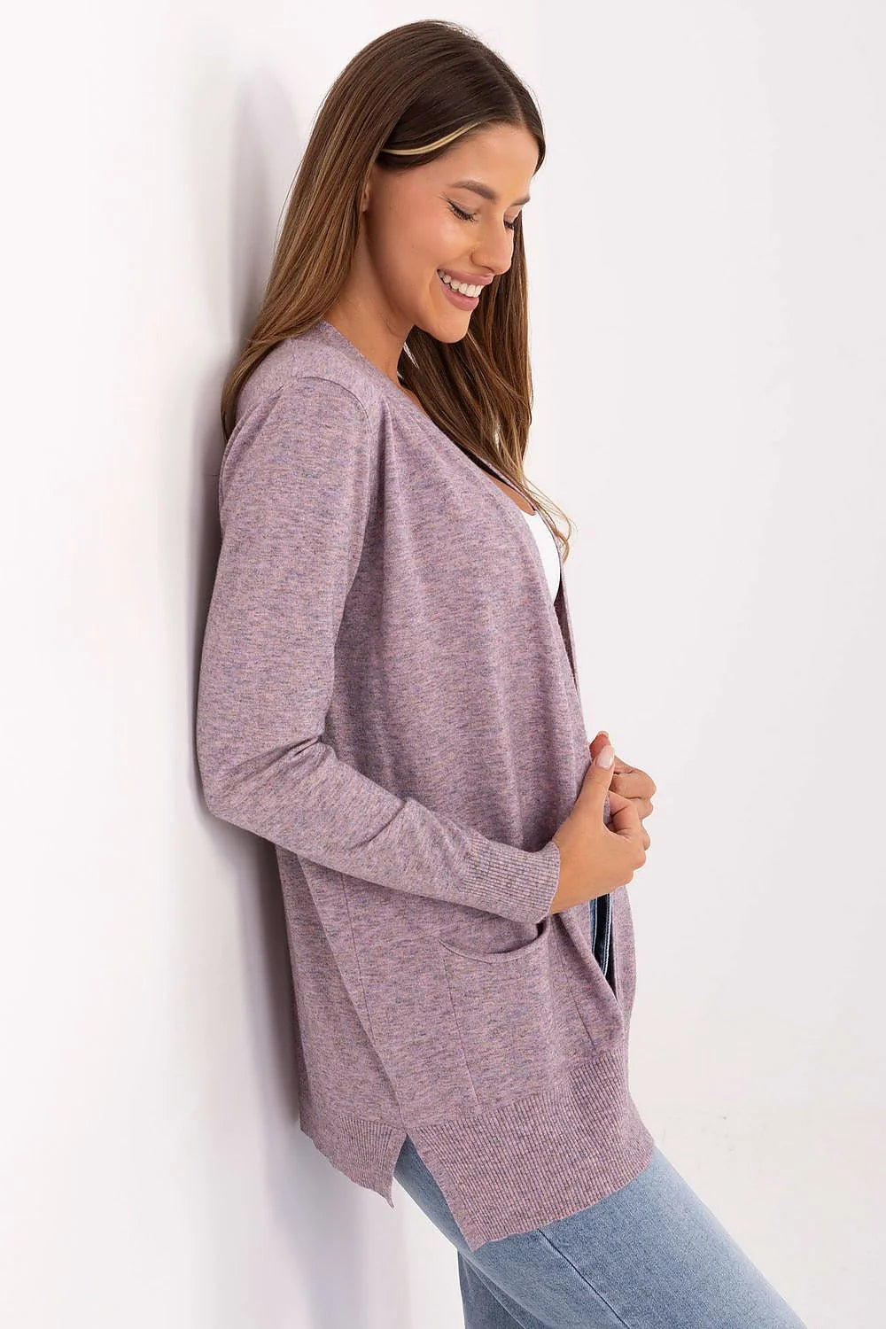 cardigan gilet femme ouvert maille fine parme chiné coupe droite mi longue manches longues poches plaquées frontales tissu souple léger