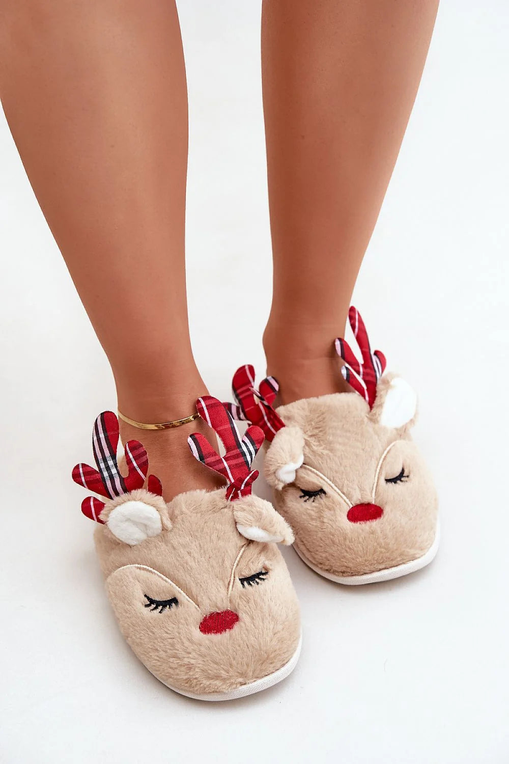 Pantoufles en fourrure pour femmes style renne Noël confort doux cadeau hiver taille ajustable design festif