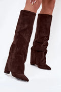 bottes hautes femme marron chocolat suédine veloutée genou slouchy froncées tige reversée bout pointu talon bloc stable isolante doublure confortable