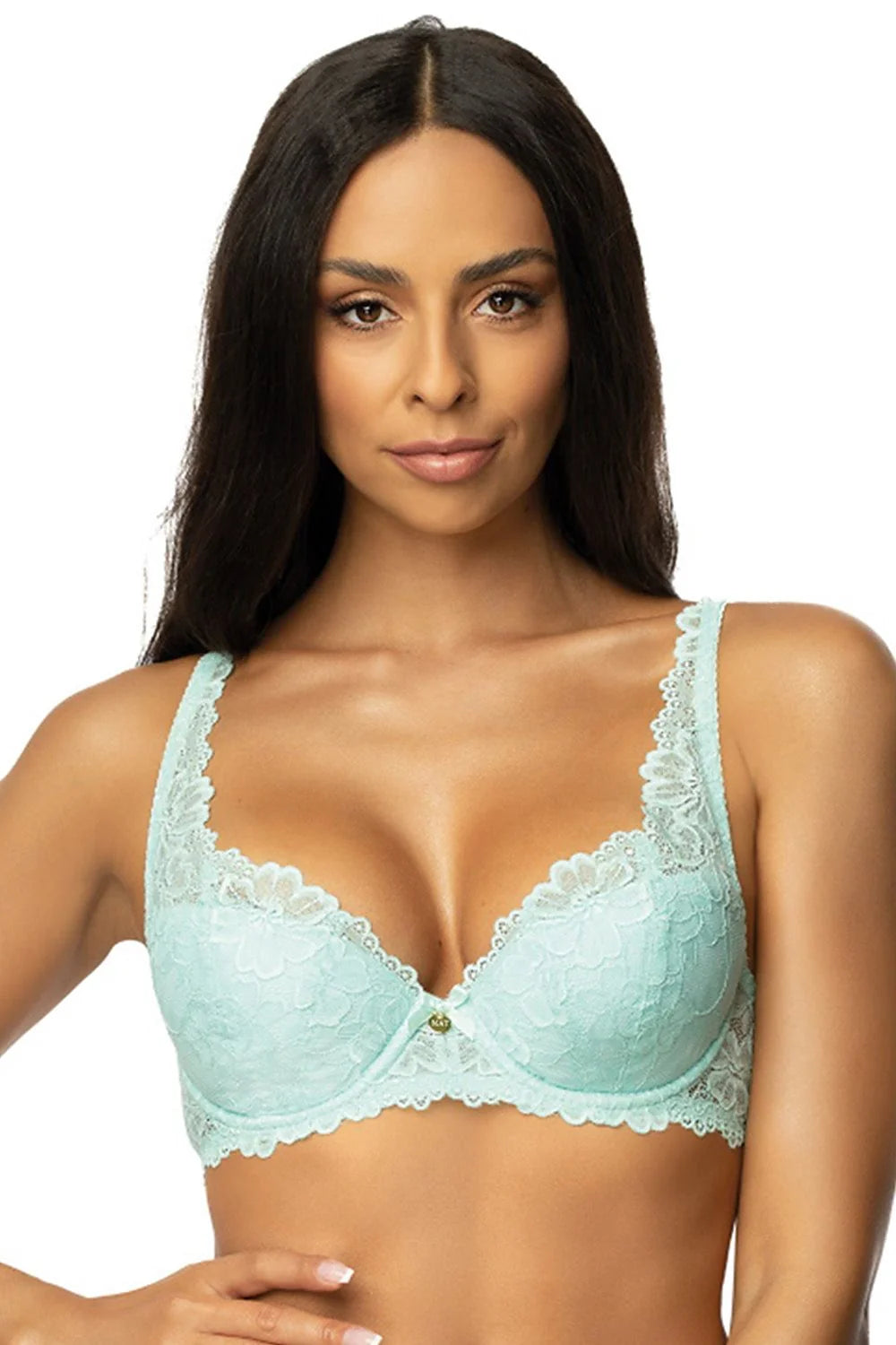 Soutien-gorge rembourré dentelle florale vert menthe bretelles dentelle satin nœud femme