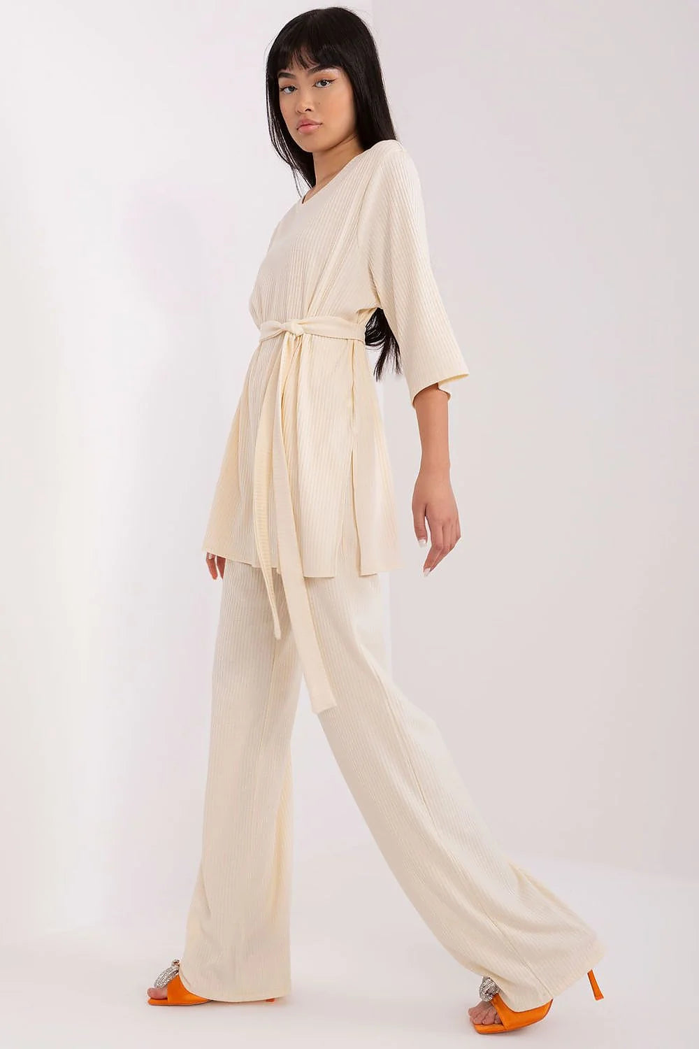 ensemble Lakerta tunique manches troisquarts ceinture pantalon palazzo taille haute maille côtelée coton élasthanne stretch beige clair