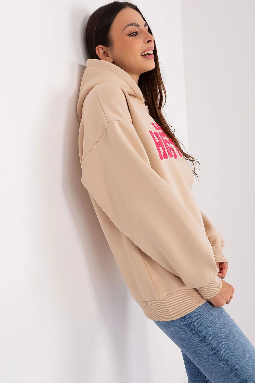 Sweatshirt à capuche pour femme style sportif casual coton-polyester beige broderie rose HOUSTON ATHL.CLUB 1991 manches longues coupe ample