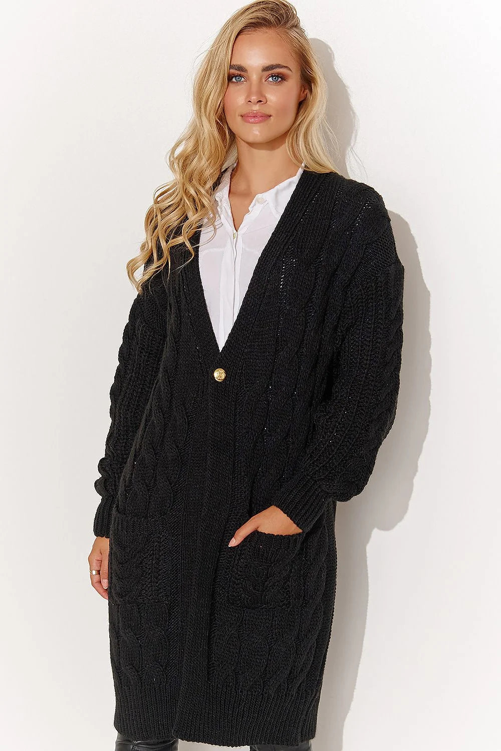 Cardigan Makadamia Femme Longue Écossais Torsades Manches Longues Poche dorée Cappuccino Beige Miel Noir Chocolat