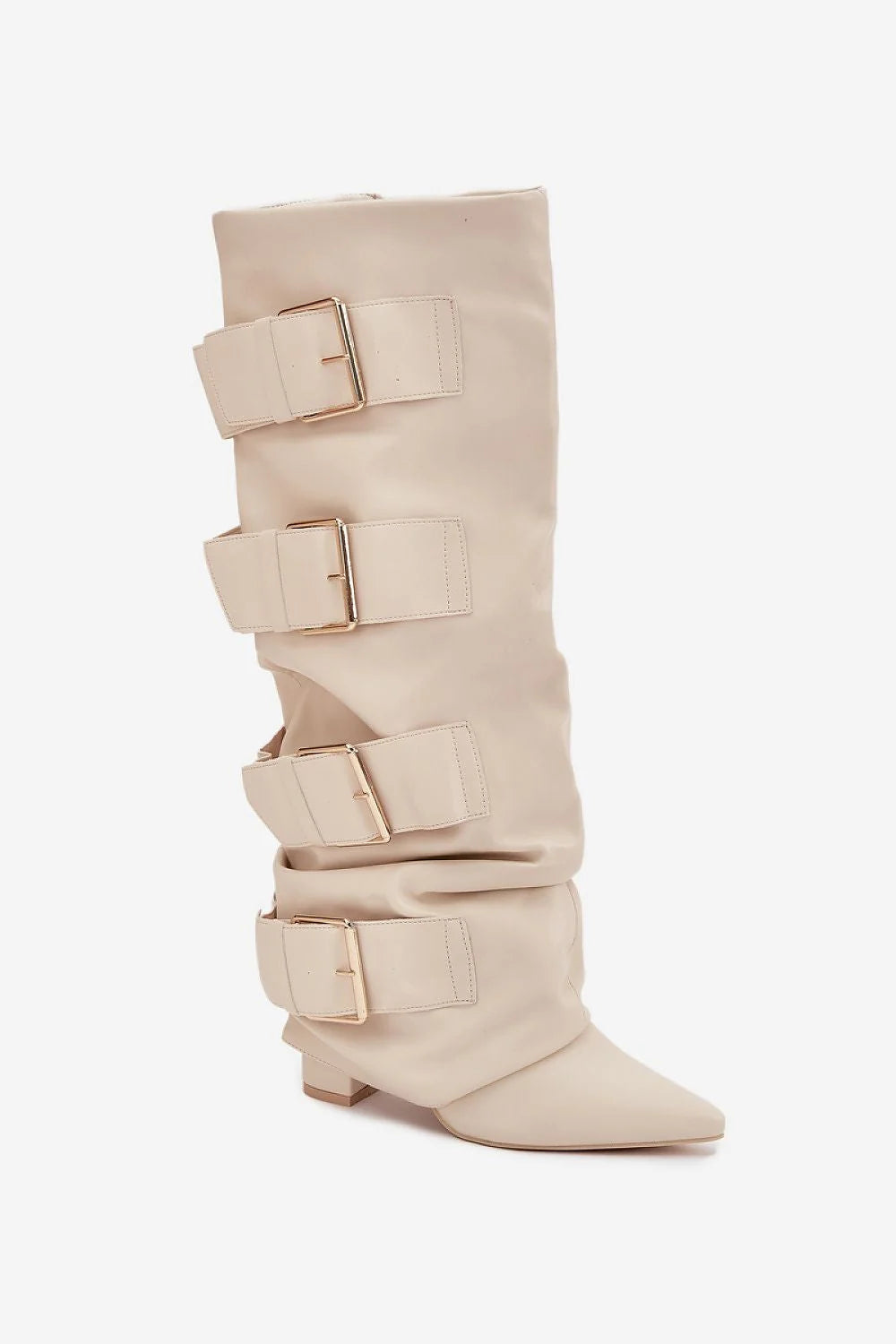 bottes hautes femme beige crème similicuir lisse slouchy bout pointu talon bas carré sangles larges boucles dorées réglables