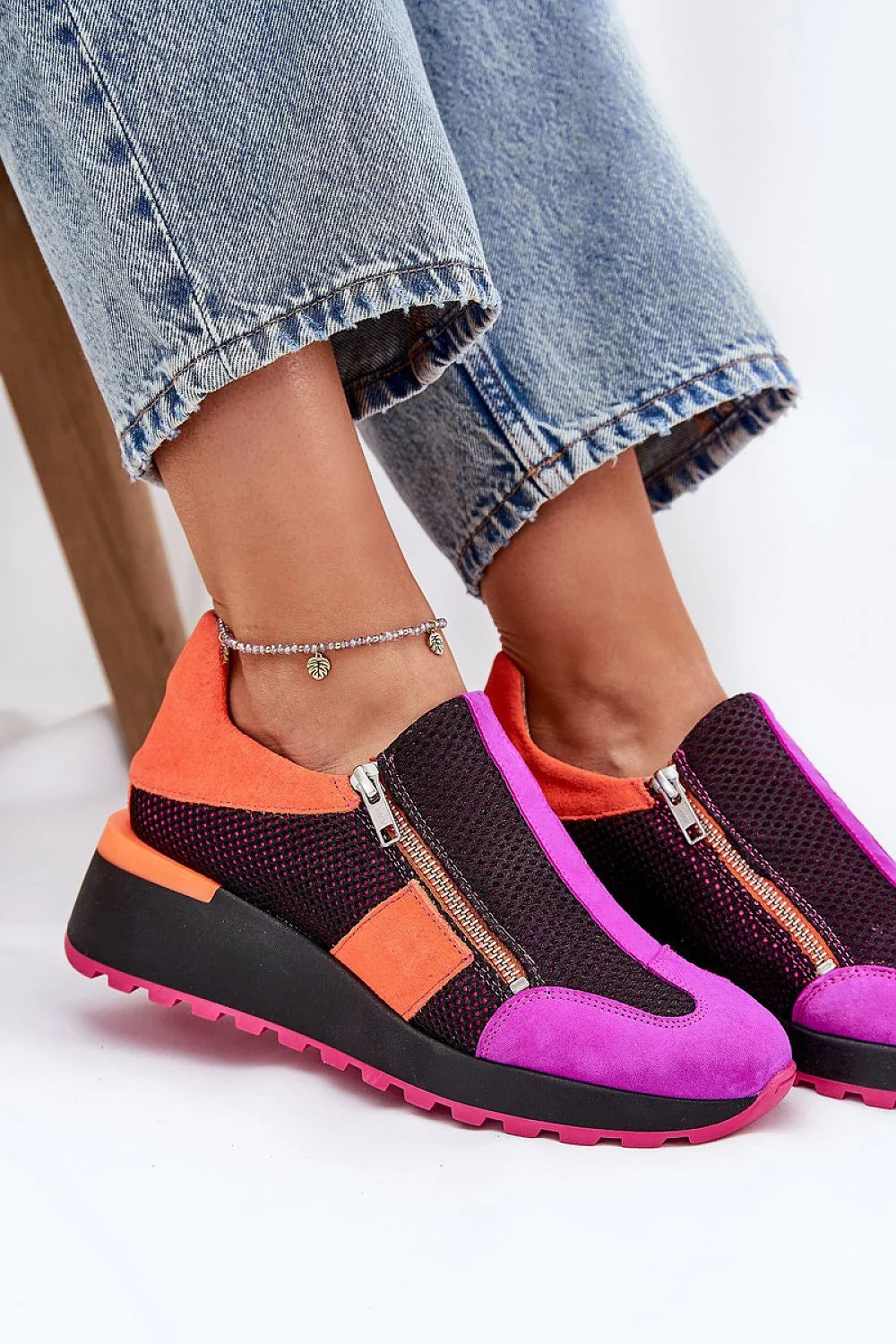 Chaussures de sport basses pour femmes style urbain design moderne fermeture éclair cuir suède multicolore
