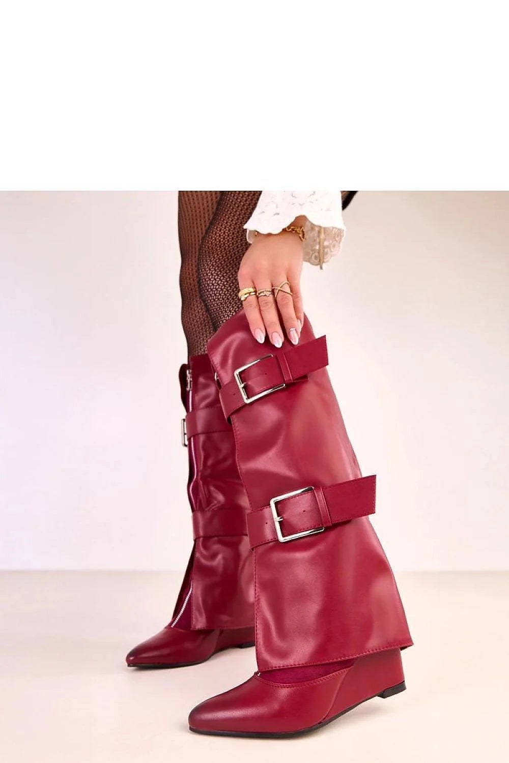 bottes hautes femme simili cuir bordeaux genou tige repliée boucles argentées bout pointu talon compensé 8cm doublure chaude