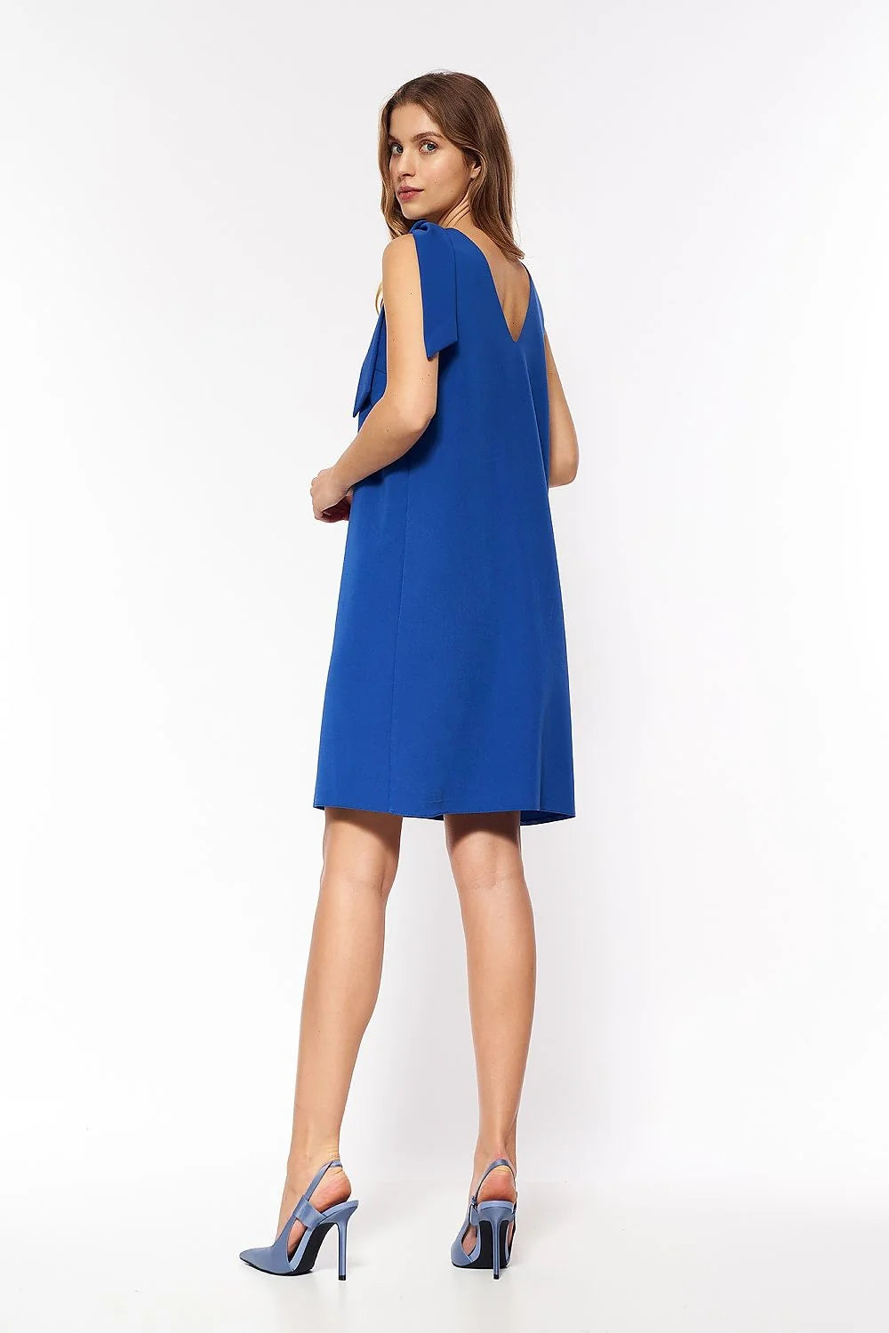 Robe de cocktail élégante bleu vif sans manches décolleté en V noeud décoratif taille ajustable femmes