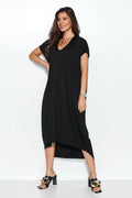 robe midi oversize noire viscose elasthanne fluide légère asymétrique ample évasée manches courtes encolure V surpiqûre souspoitrine tombante confortable polyvalente