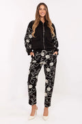 ensemble survêtement femme élégant confortable sweat capuche zippé bomber molleton noir pantalon jogger taille haute cordon broderies imprimé graphique blanc