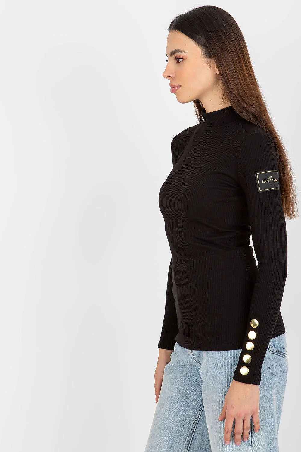 Chemisier Och Bella pour femme, maille côtelée, manches longues, boutons dorés, coupe ajustée, taille S/M/L/XL, polyester et élasthanne