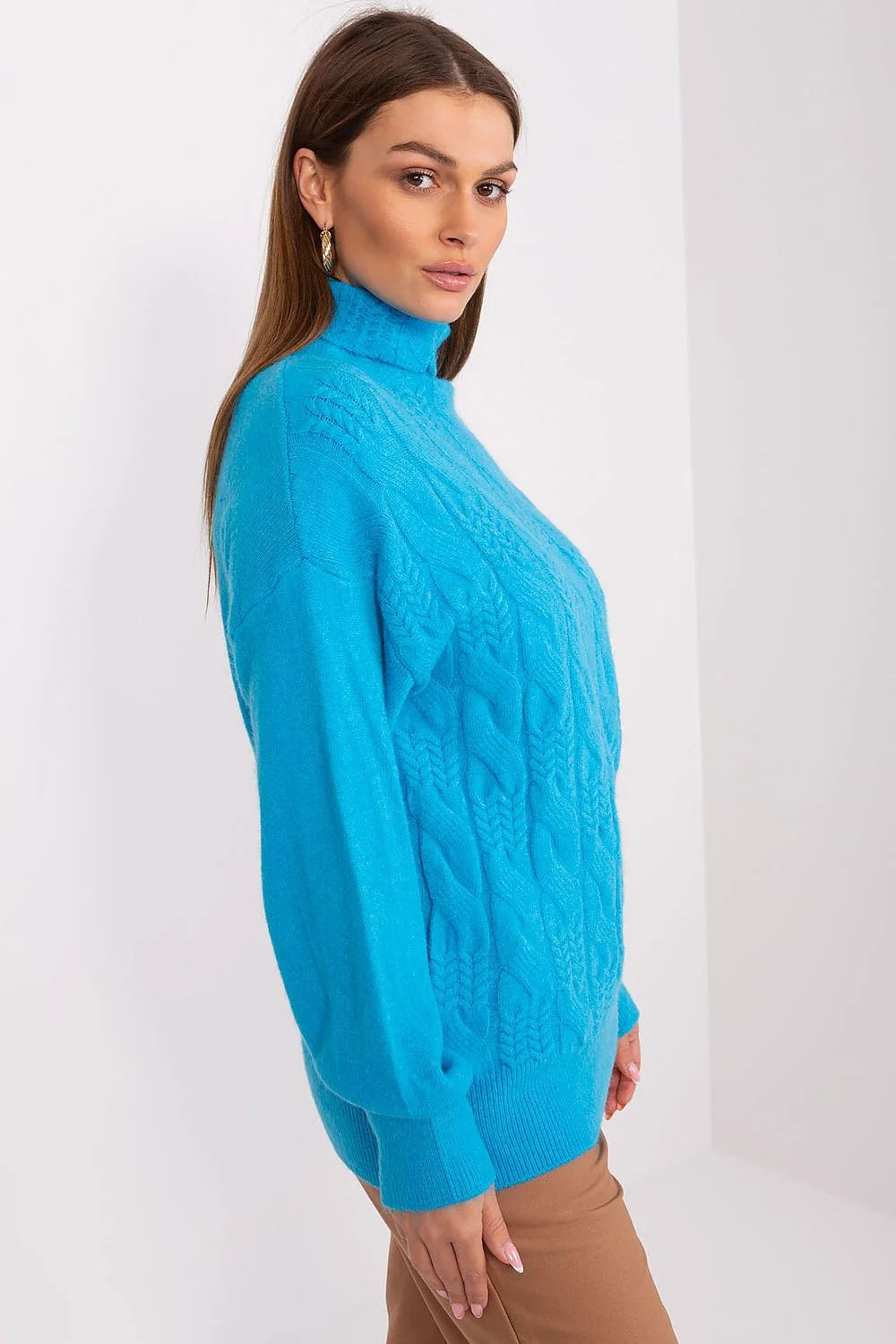 Pull à col roulé pour femme en acrylique bleu vif torsades verticales manches longues côtelé coupe décontractée