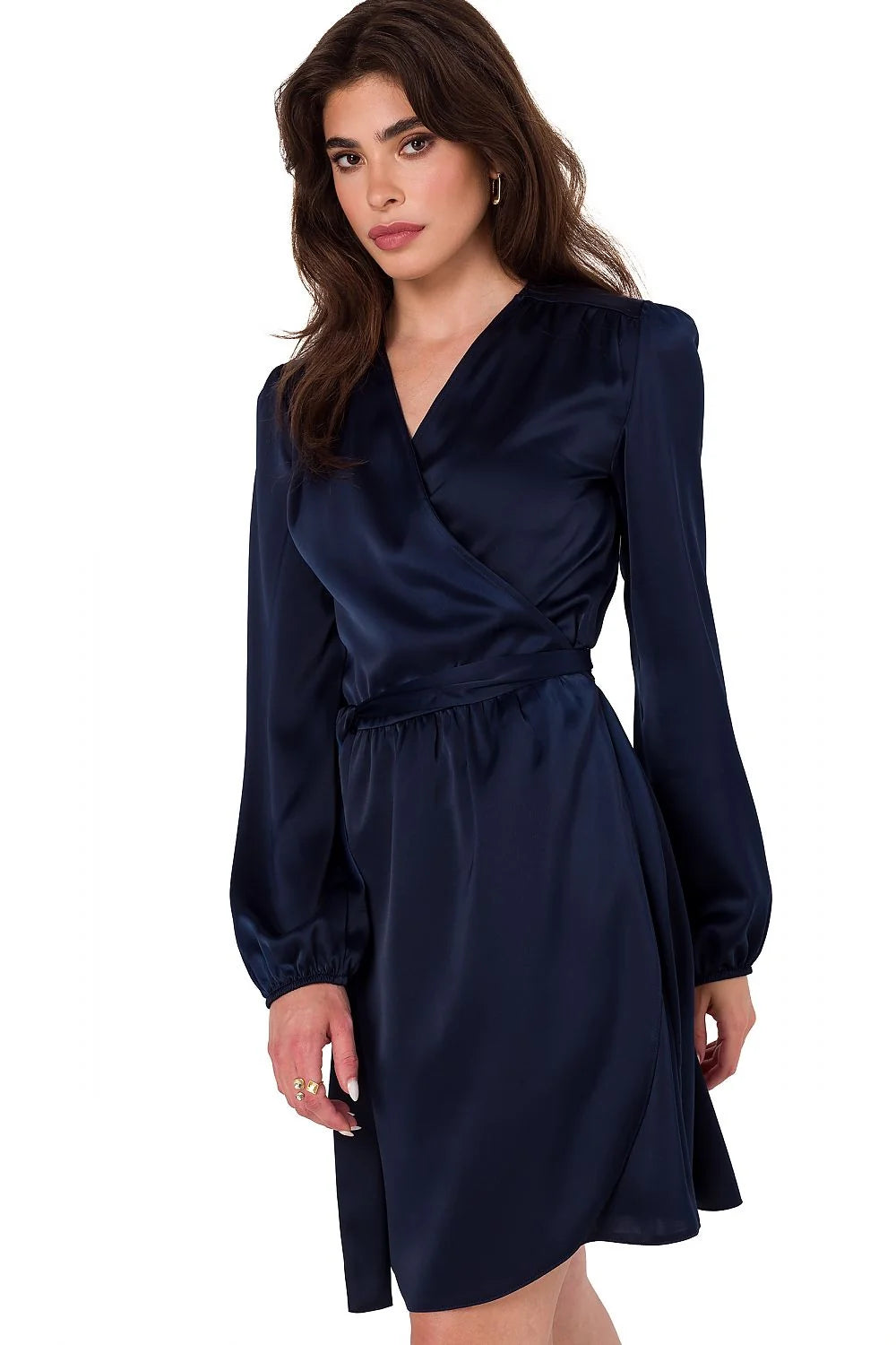 Robe de soirée élégante bleu marine portefeuille décolleté V croisé ceinture taille manches longues élastiques
