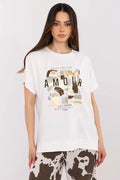 Chemisier femme décontracté col rond manches courtes impression élégante AMOUR motifs pinceau coton elasthanne blanc doré argenté