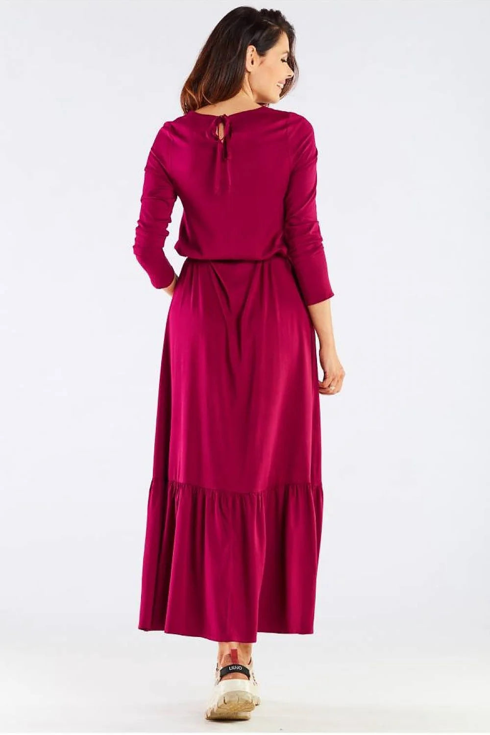 Robe longue viscose framboise élégante manches longues ceinture ajustable fluide décontractée soirée féminine moderne