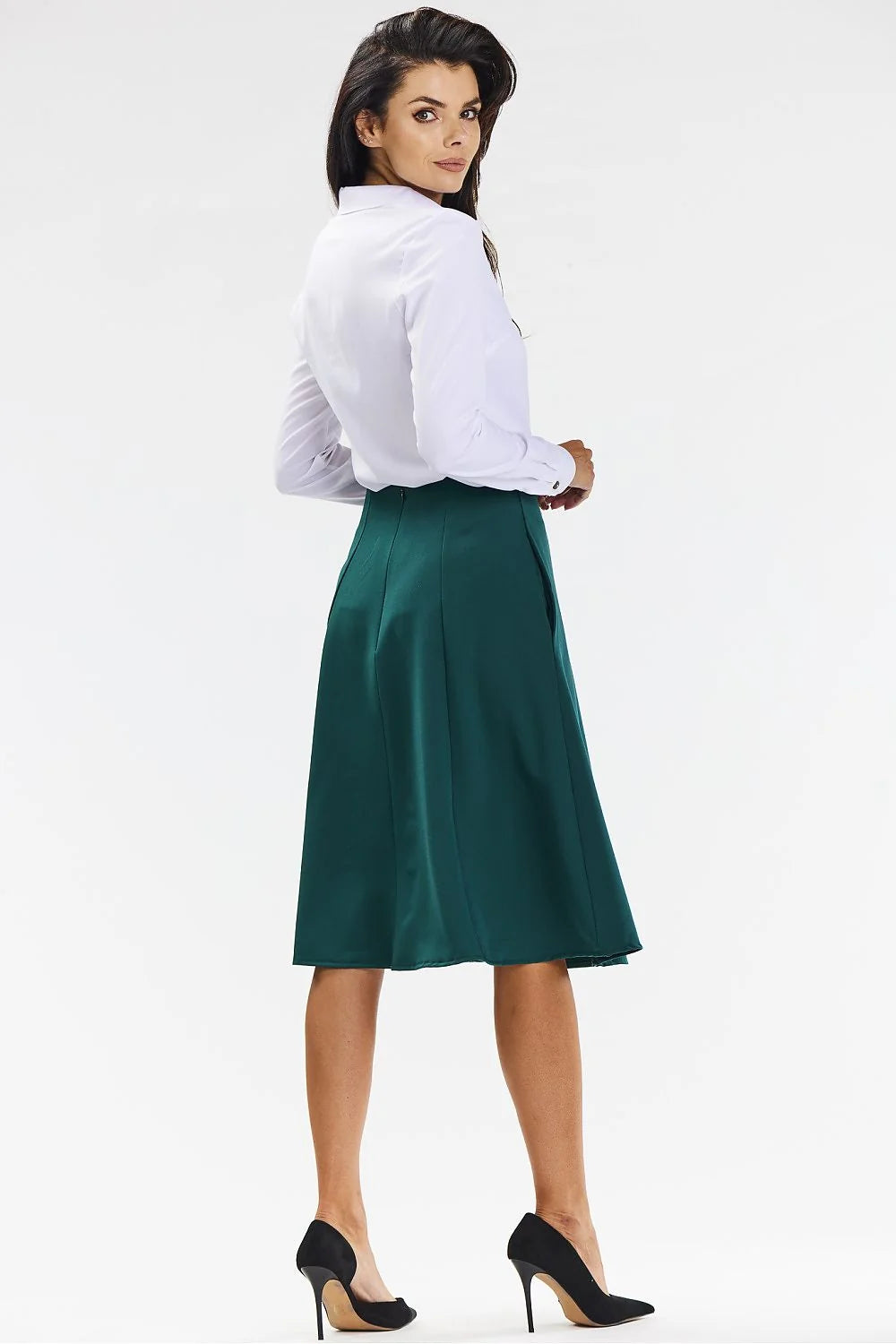 Jupe midi évasée élégante couleur verte émeraude高 waist poches polyester mode femme occasionnels formels