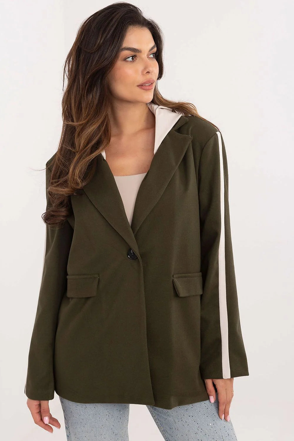 Veste pour femme moderne élégante coupe ample col cranté veste mixte viscose nylon élasthanne vert kaki contrastes manches poches rabat