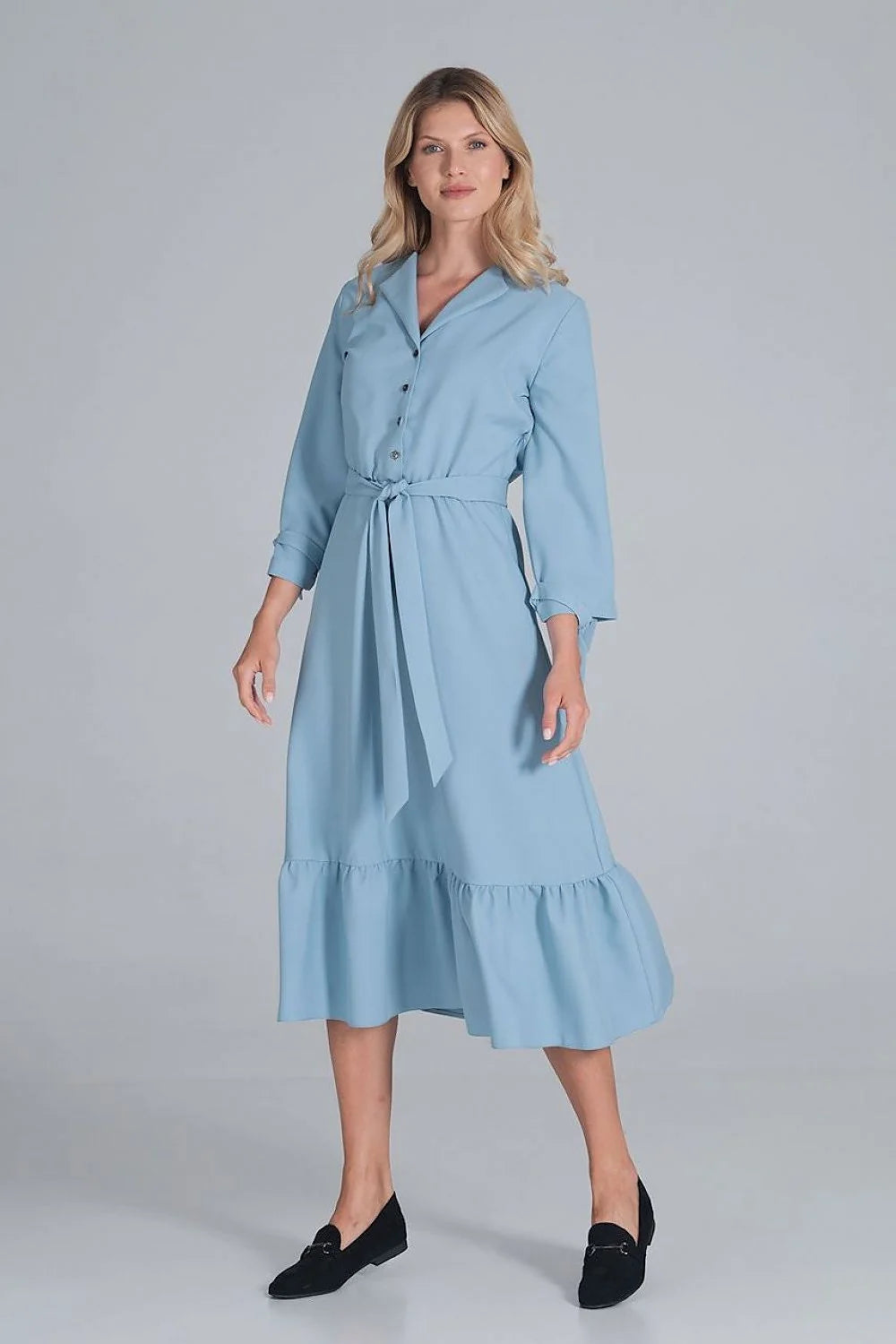 Robe élégante en polyester bleu ciel, style décontracté chic, manches longues, ceinture pour femme