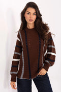 pull oversize femme col rond maille ajourée coupe boxy manches bouffantes bordscotes marron chocolat rayures verticales horizontales tricot chaleureux