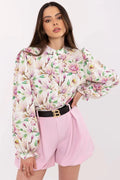 Ensemble blouse short floral rose violet femme soie polyester coton manches longues bouffantes taille haute occasion semi-formelle