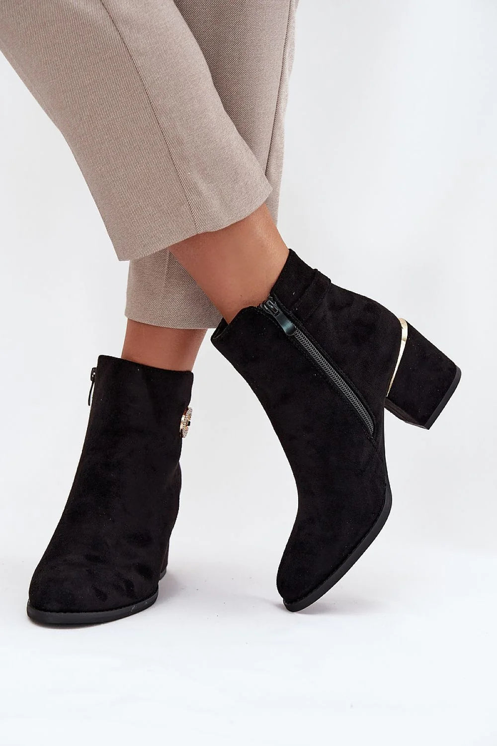 bottines femme cheville suède écologique noir talon bloc bout pointu fermeture éclair latérale doublure chaude semelle confortable dorés strass