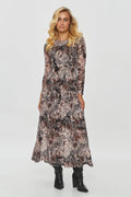 Robe de jour Makadamia longue motifs floraux abstraits tissu léger manches longues encolure ronde taille ajustable femme