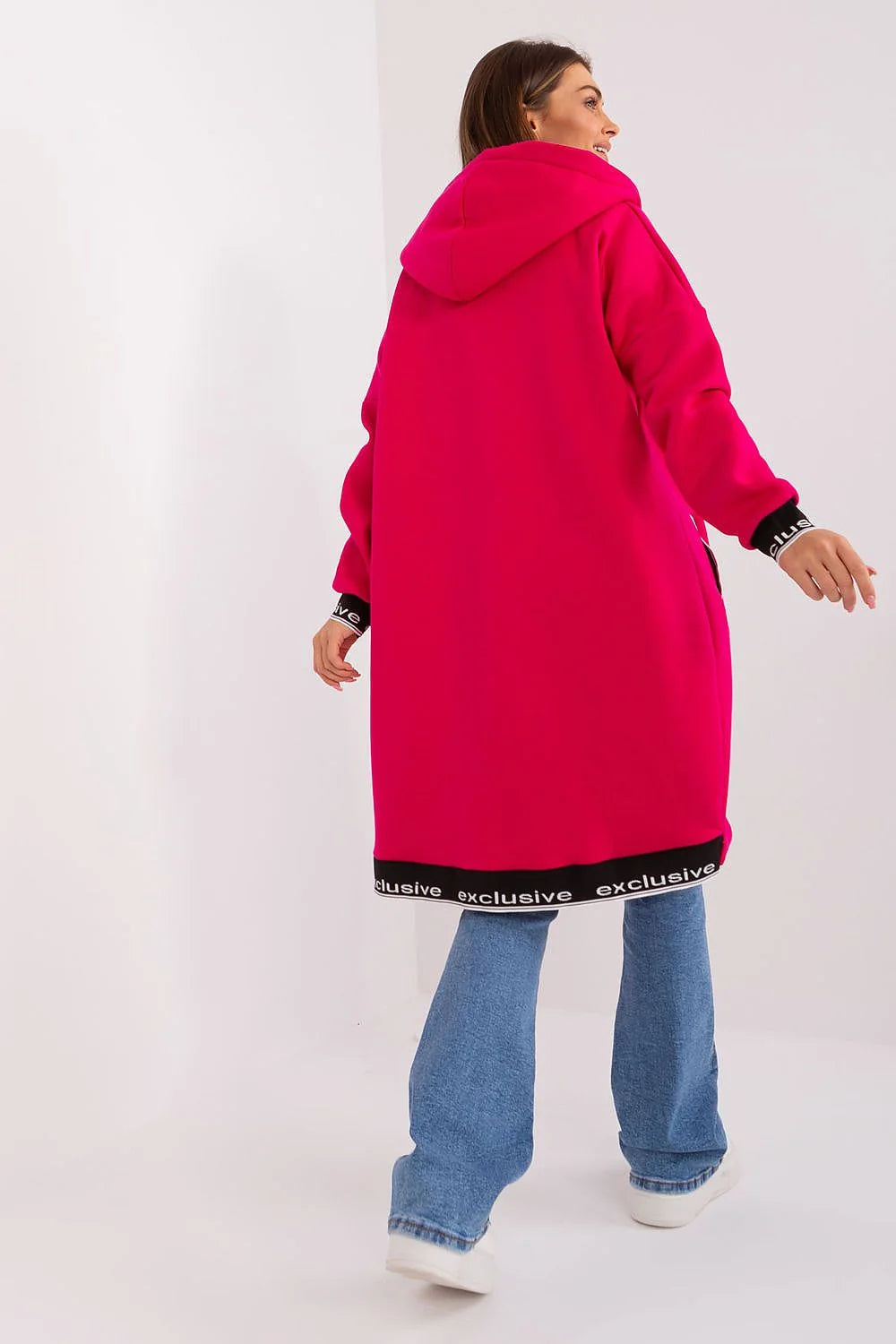 Manteau style urbain long pour femmes, couleur rose vif, capuche, fermeture éclair, poches zippées, tissu coton polyester