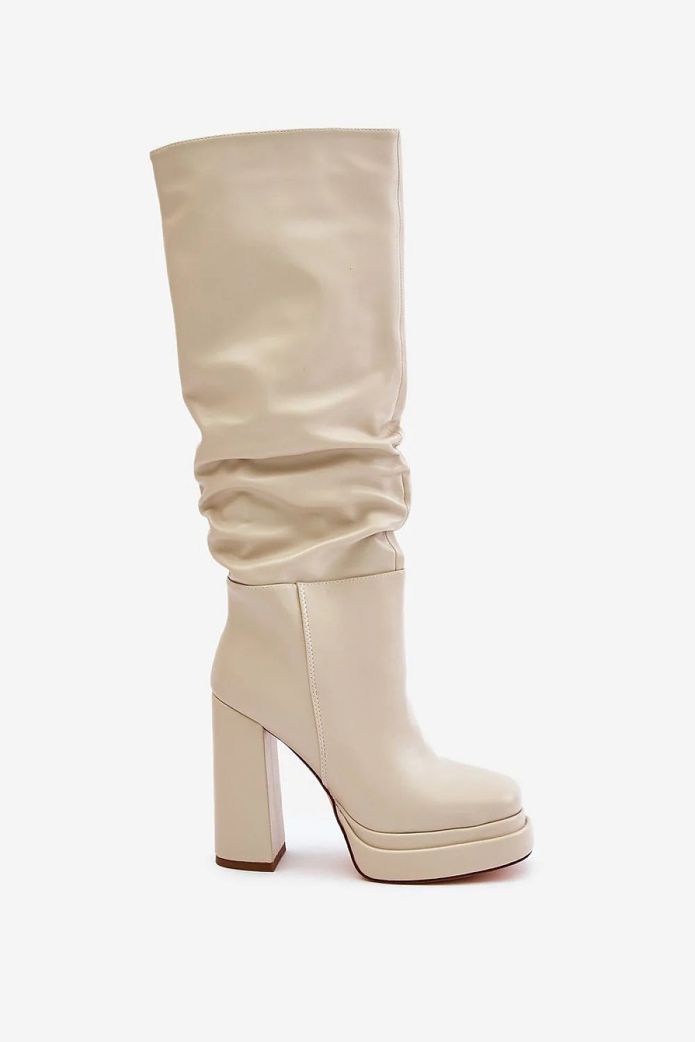 bottes hautes beige cuir synthétique lisse plateforme talon carré épais stable tige froncée bout arrondi couture discrète semelle contrastante confortable