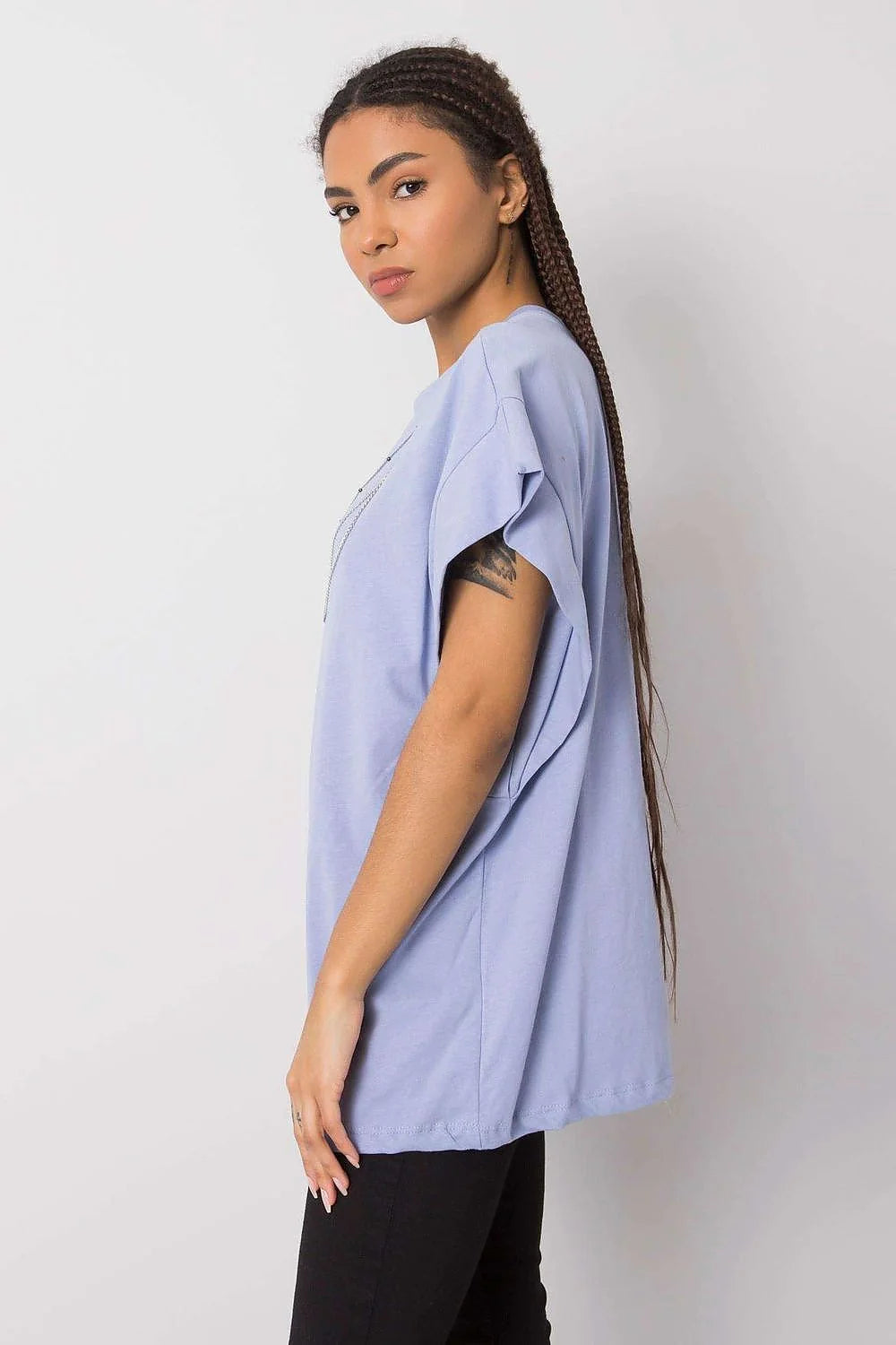 Chemisier femme Casual Chic Tissu Coton Lavande Doux Coupe Large Manches Courtes Chaînes Métalliques Détachables