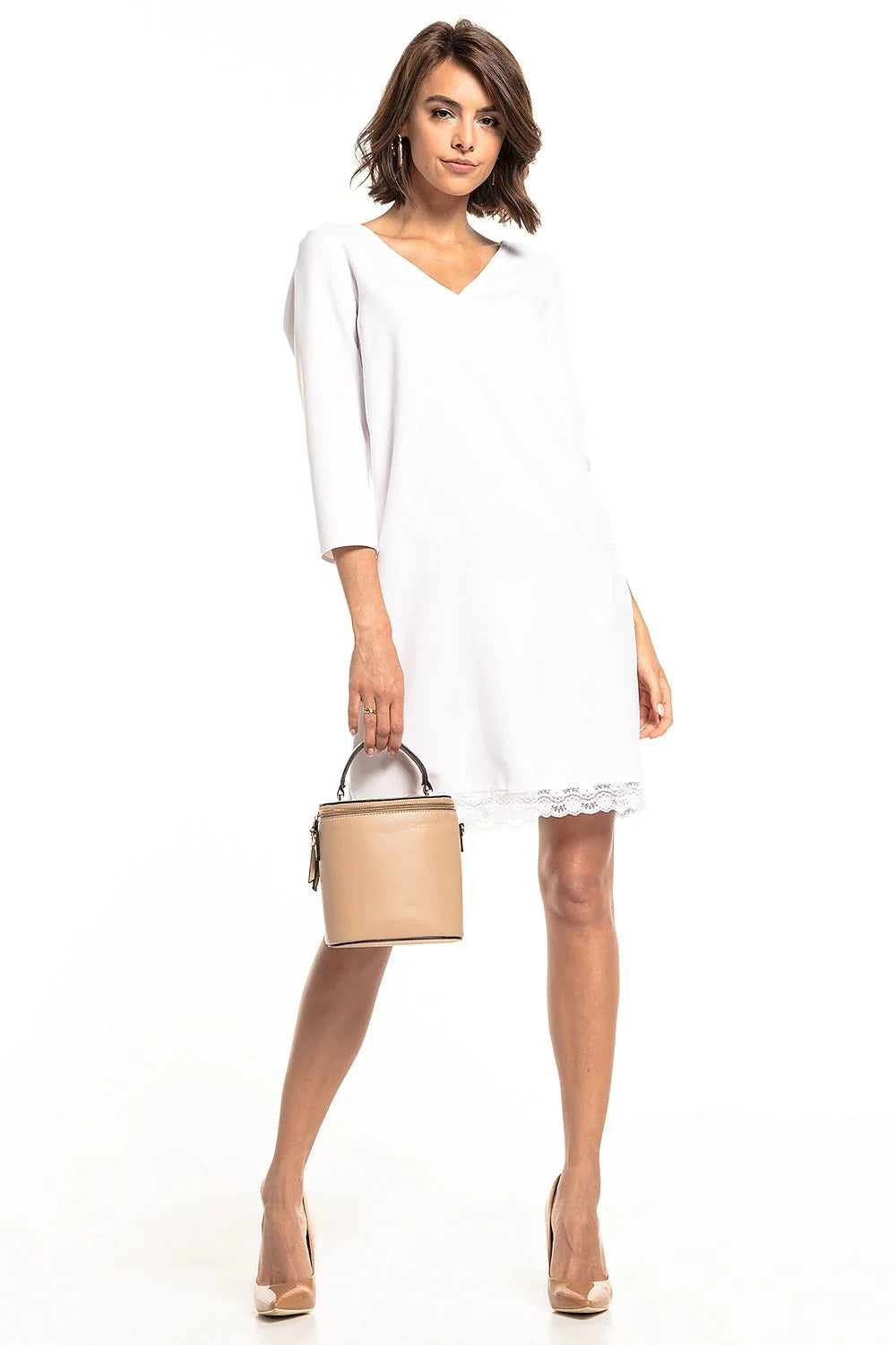 Robe élégante en polyester vert foncé avec dentelle noire manches trois-quarts encolure V sophistiquée