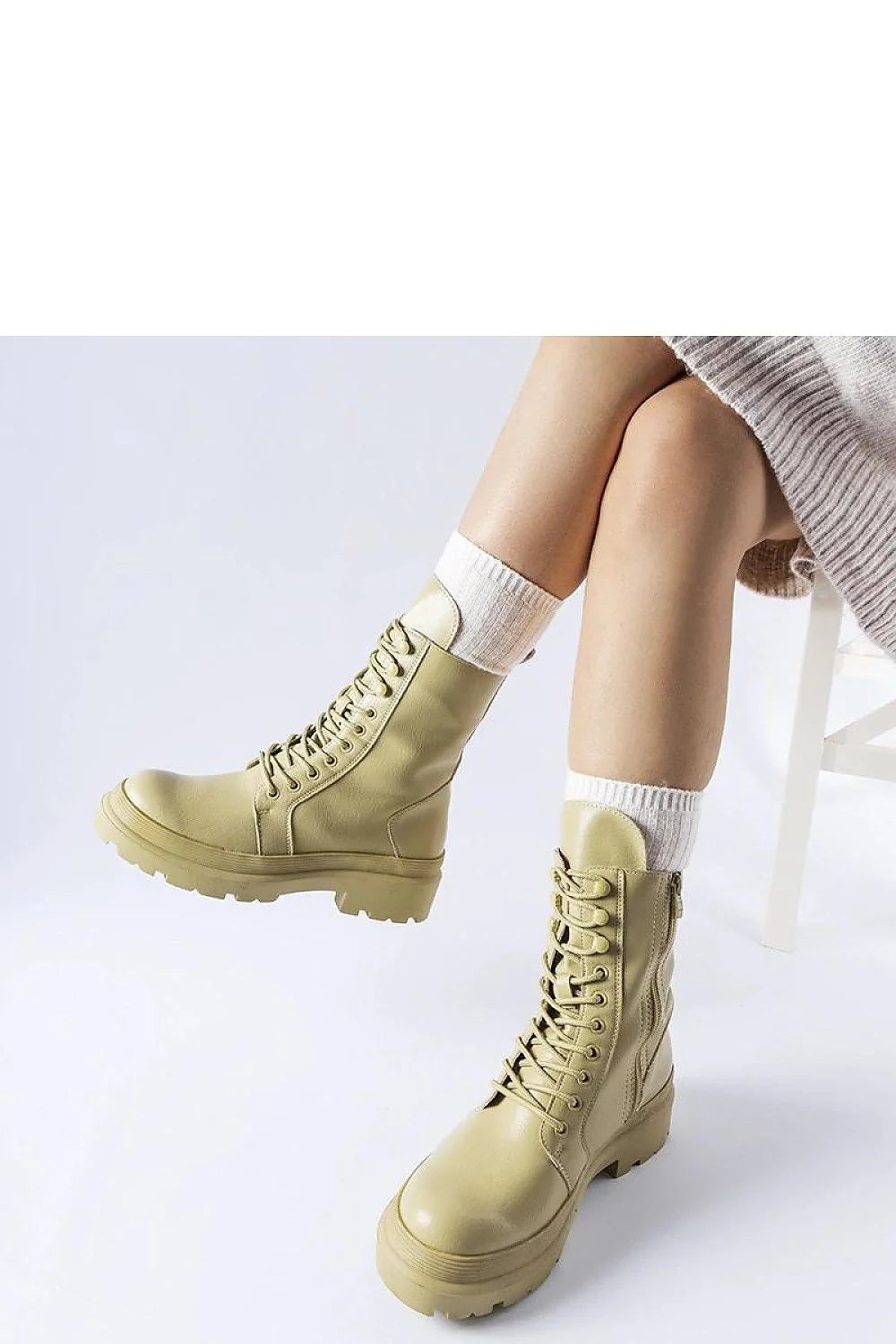 Bottes de combat femme cuir synthétique beige kaki semelle épaisse décontracté urbain style moderne