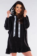 Robe femme coton décontractée élégante noire avec capuche manches longues confort universel taille polyvalente
