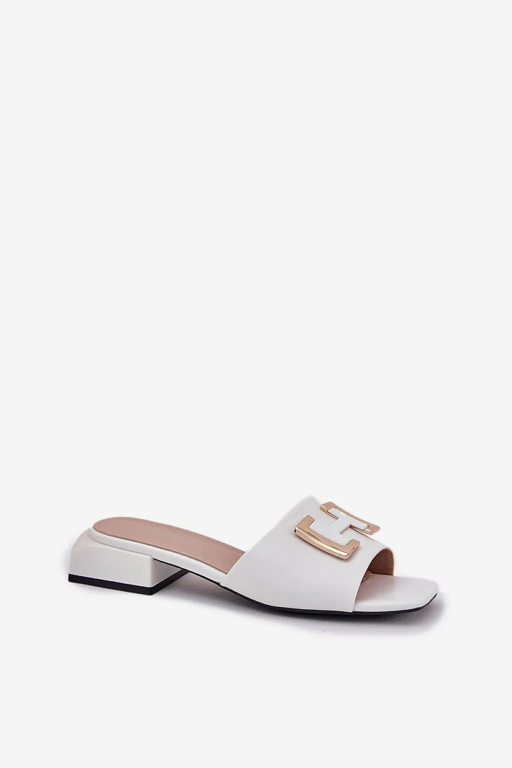 Mules femmes style élégant ouvertes cuir blanc doré H detal chaines perles carré bas talon Vinceza