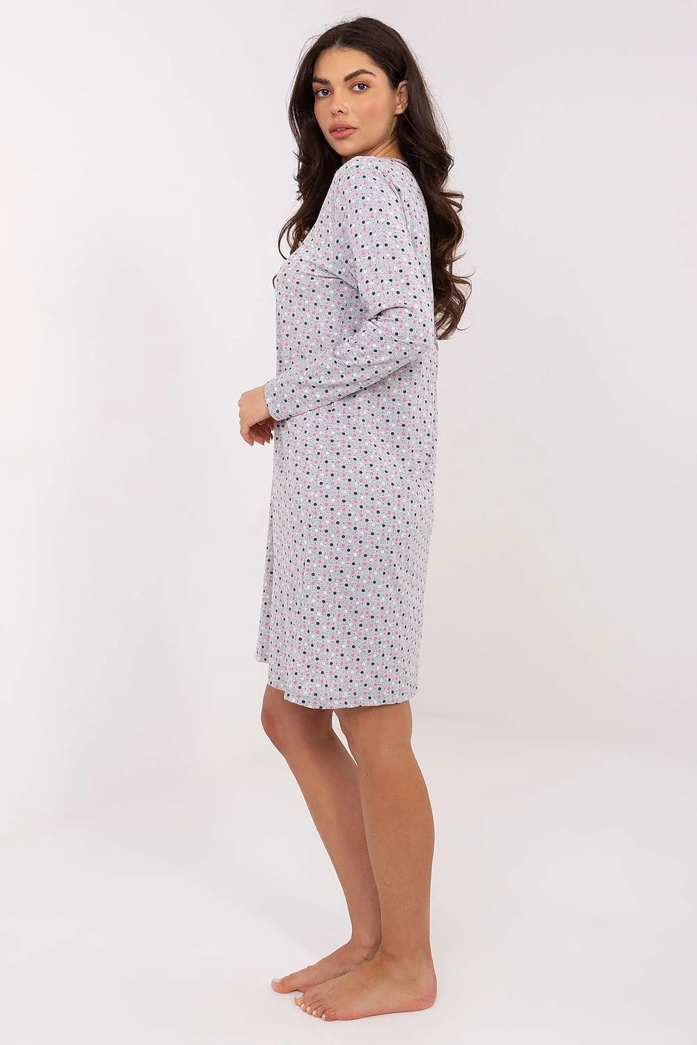 chemise nuit femme coton doux respirant manches longues coupe droite courte imprimé micro motifs roses marine dentelle décolleté noeud cosy