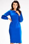 Robe de soirée élégante en bleu électrique manches longues bouffantes col bateau plis décoratifs fermeture dos femme