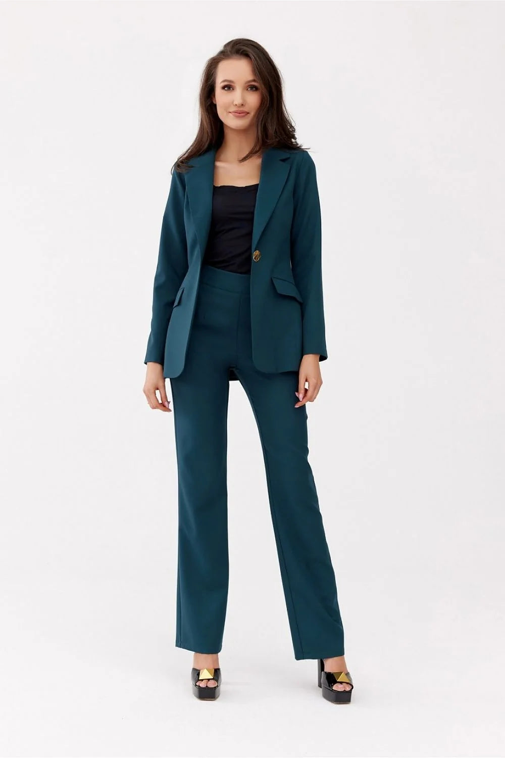 Pantalon droit élégant pour femme en tissu lisse, coupe droite, taille haute, poches latérales, fermeture invisible, couleur bleu canard