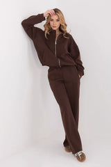 ensemble survêtement femme marron chocolat sweat zippé col montant molleton épais stretch oversize manches longues poches latérales taille élastiquée confortable