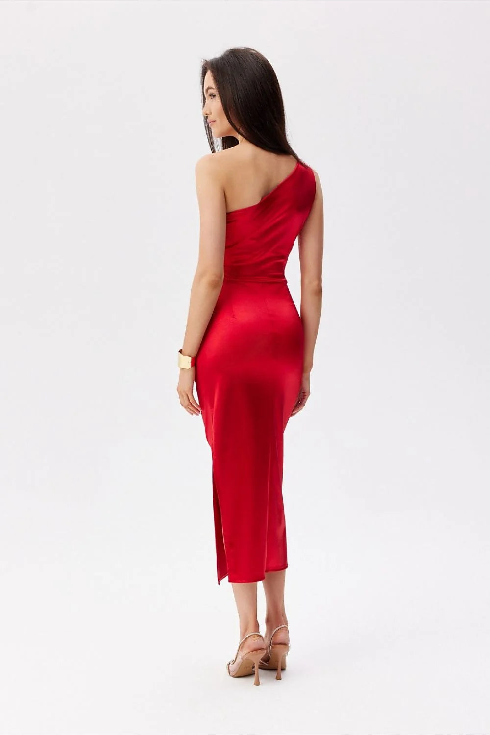 Robe de soirée élégante une épaule satin asymétrique fente jambe taille ajustable femme mode soirée