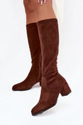 bottes hautes genou chocolat écosuède bout amande talon bas stable doublure fourrure douce semelle intérieure isolante fermeture éclair rétro élégant