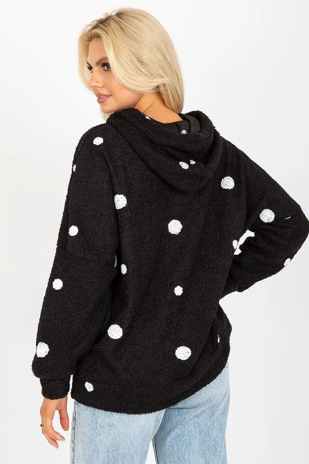 Sweatshirt à capuche féminin polka dots noir sherpa manches longues poche kangourou femme