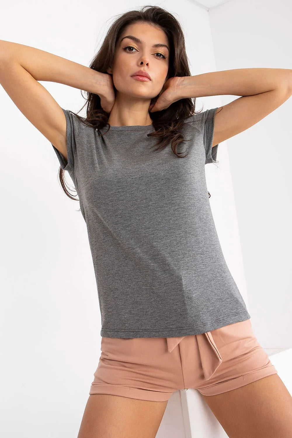tshirt femme manches courtes encolure ronde coton élasthanne gris chiné coupe droite ajustée longueur hanches jersey doux minimaliste