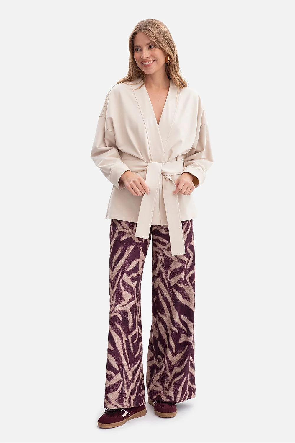 veste kimono ceinturée femme écru jersey structuré extensible coton élasthanne col V profond manches larges poignets oversize ajustable hanches