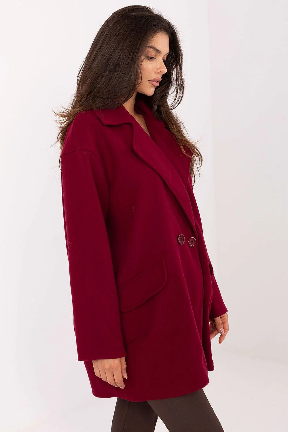 manteau femme bordeaux profond oversize mi cuisse droit double boutonnage col revers fermeture croisée poches rabat manches longues épais polyester