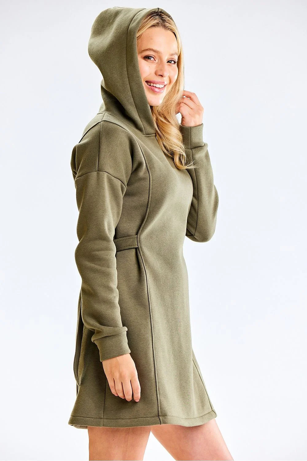 robe sweat capuche vert olive molleton doux coupe droite oversize mini manches longues poignets ajustés poches invisibles coton