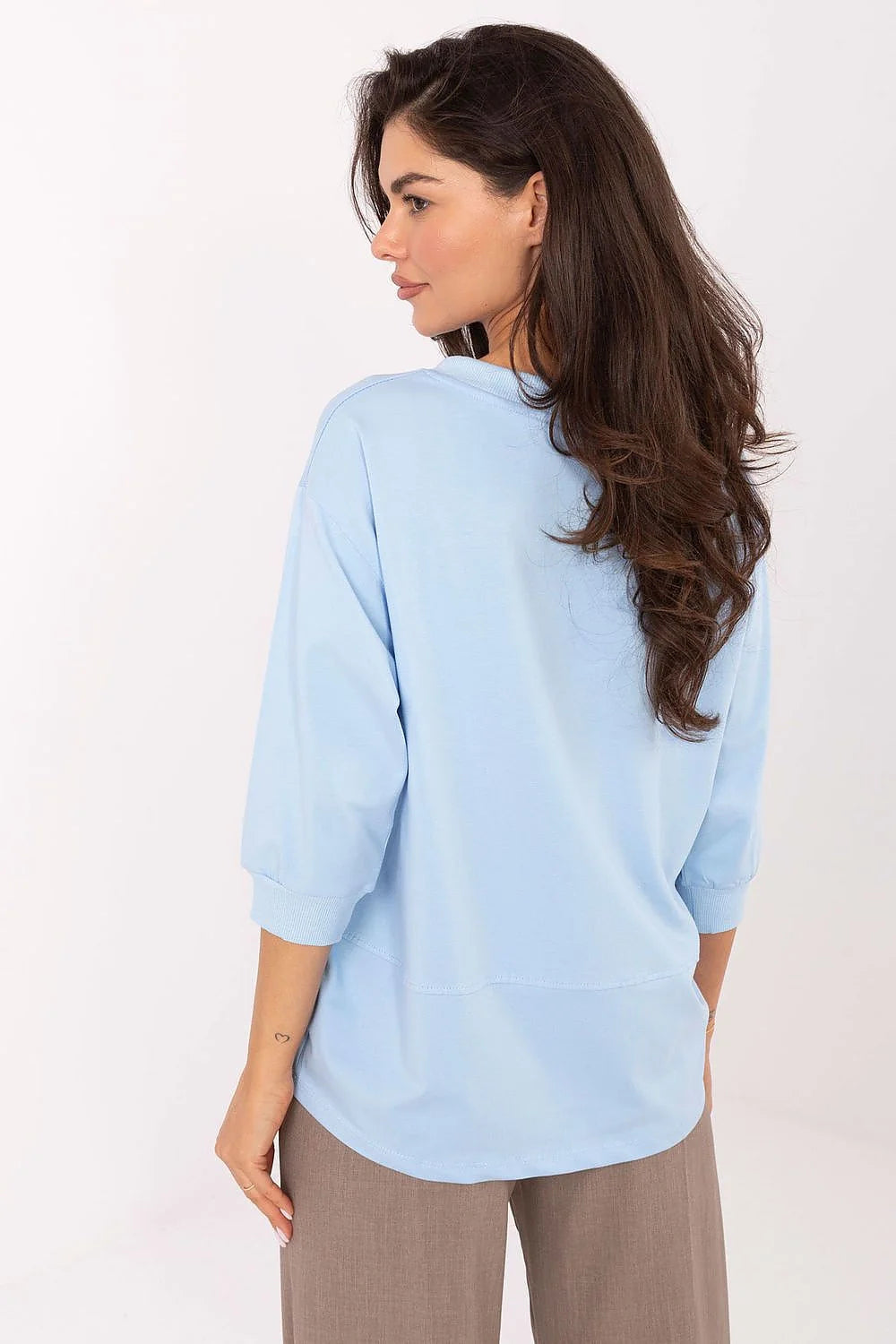 chemisier sweat femme casual tunique bleu ciel col rond cordons blancs manches trois quarts molleton coton stretch broderie
