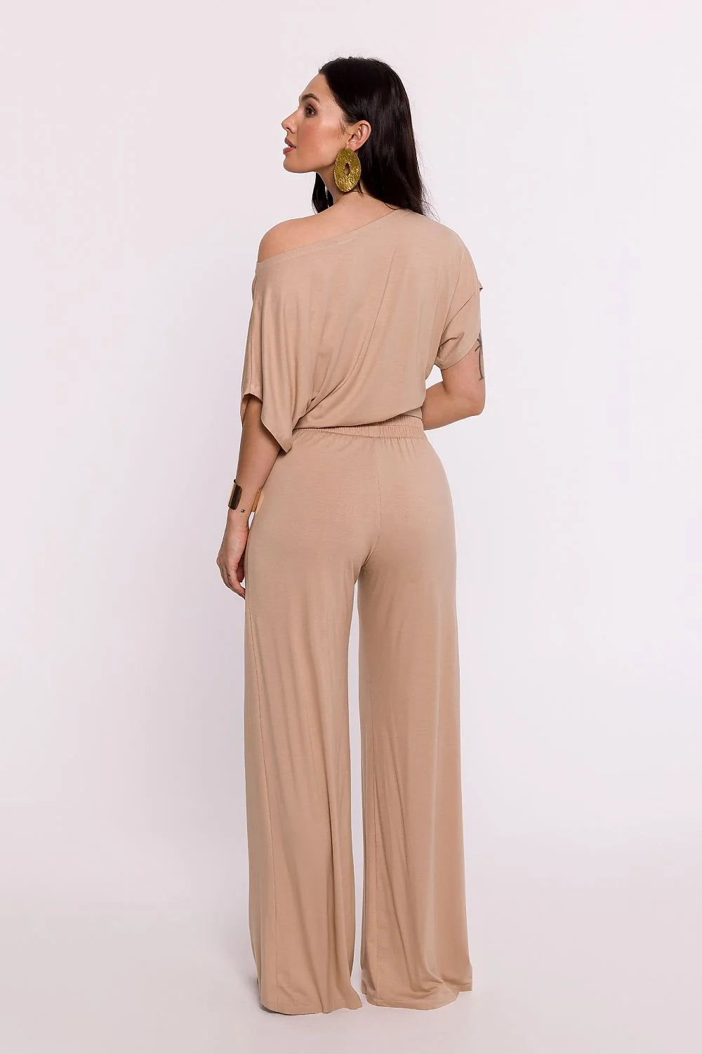 Pantalon femme Be Wear maille viscose haute qualité coupe large fluide ceinture élastique plis modelage couleur beige unie occasion quotidienne élégance confort