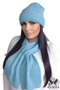 ensemble kamea femme hiver bleu pastel bonnet écharpe tricot grosse maille épaisse douce chaude ajustée revers cuir poche longue large