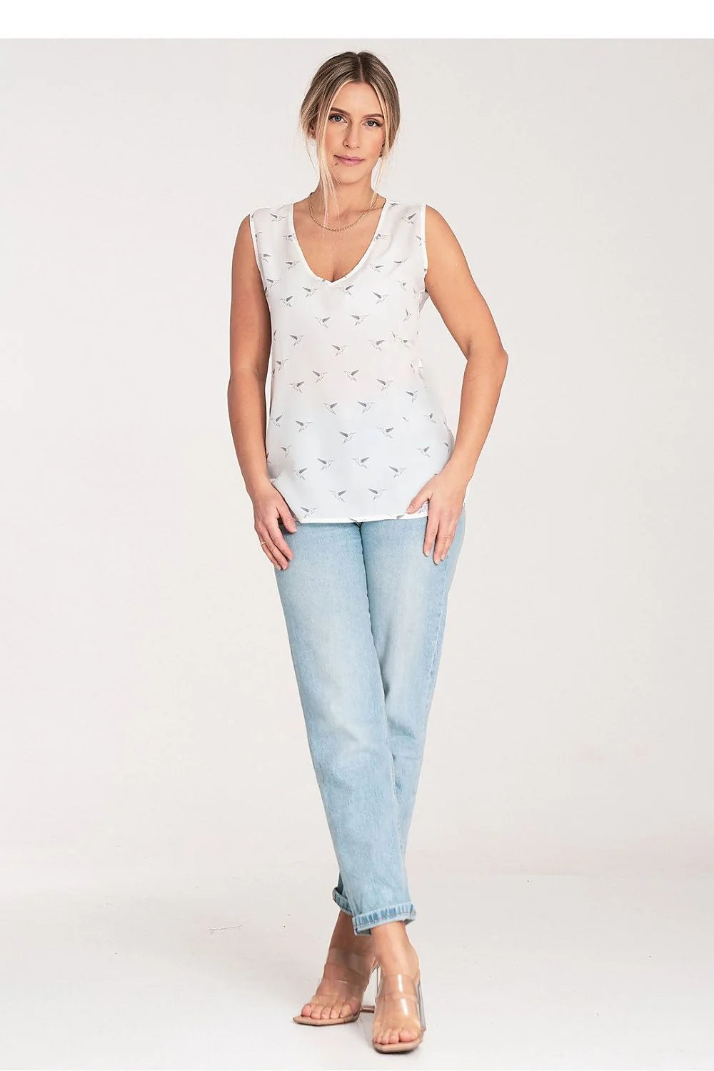 Chemisier Femme Élégant Sans Manches Polyester 100% Motifs Oiseaux Blanc Gris V-Neck Tailles S-M-L-XL