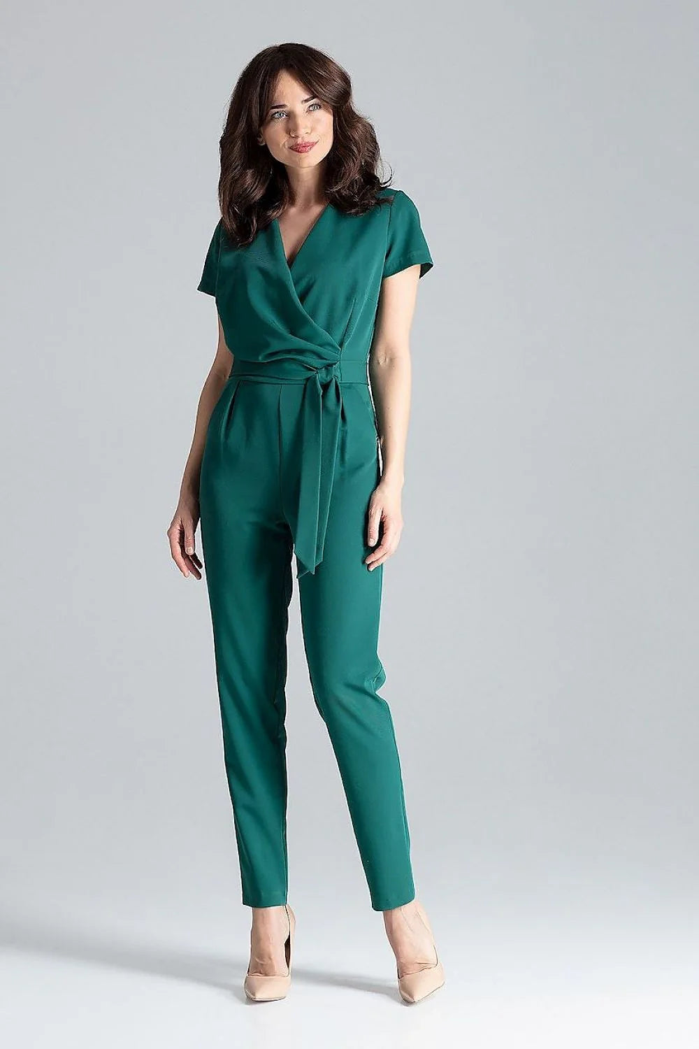 Combinaison Lenitif élégante pour femme design moderne cache-cœur manches courtes ceinture intégrée vert profond polyester viscose taille ajustable