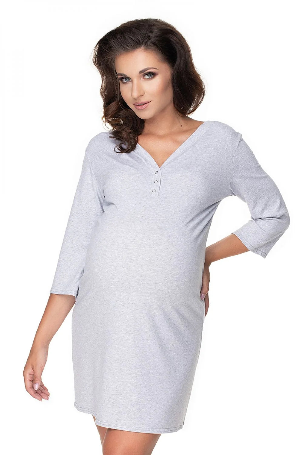 Chemise de nuit maternité coton col en V gris manches trois-quarts confort pour sommeil paisible