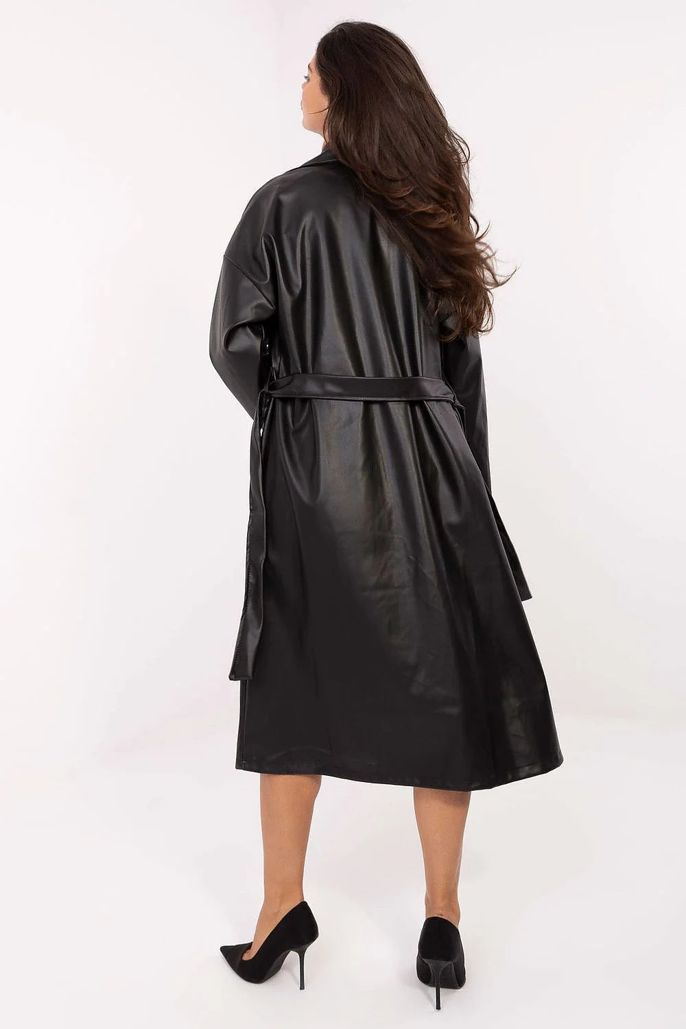 manteau long trench simili cuir noir oversize double boutonnage col revers ceinture amovible mi mollet manches tombantes